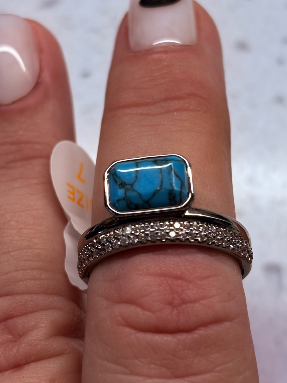 Turquoise Stone and Pave Silver Ring - Blue Turquoise Stackable Ring - BP size 7